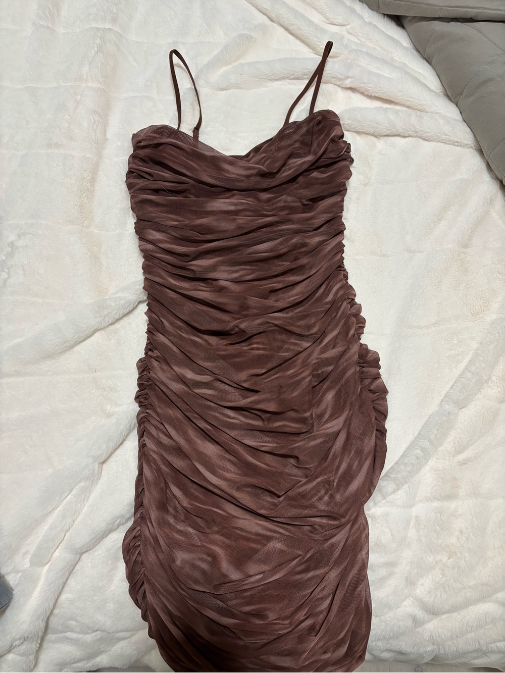 Babaton Chocolate Brown Ruched Spaghetti-Strap Mini Dress